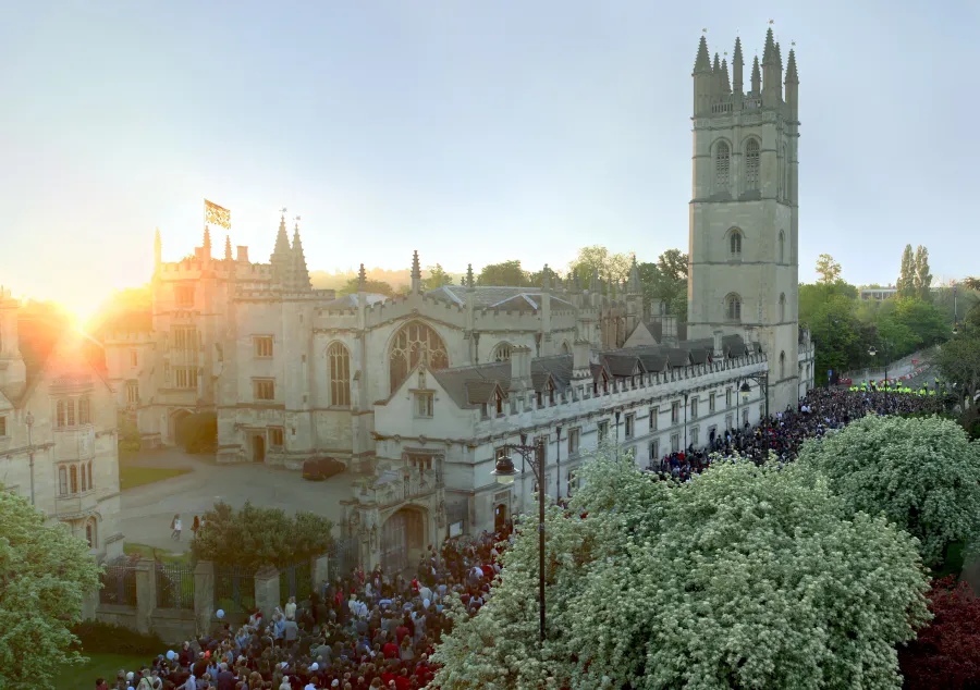 Crowds gathering at Magdalen Tower for May Morning in Oxford